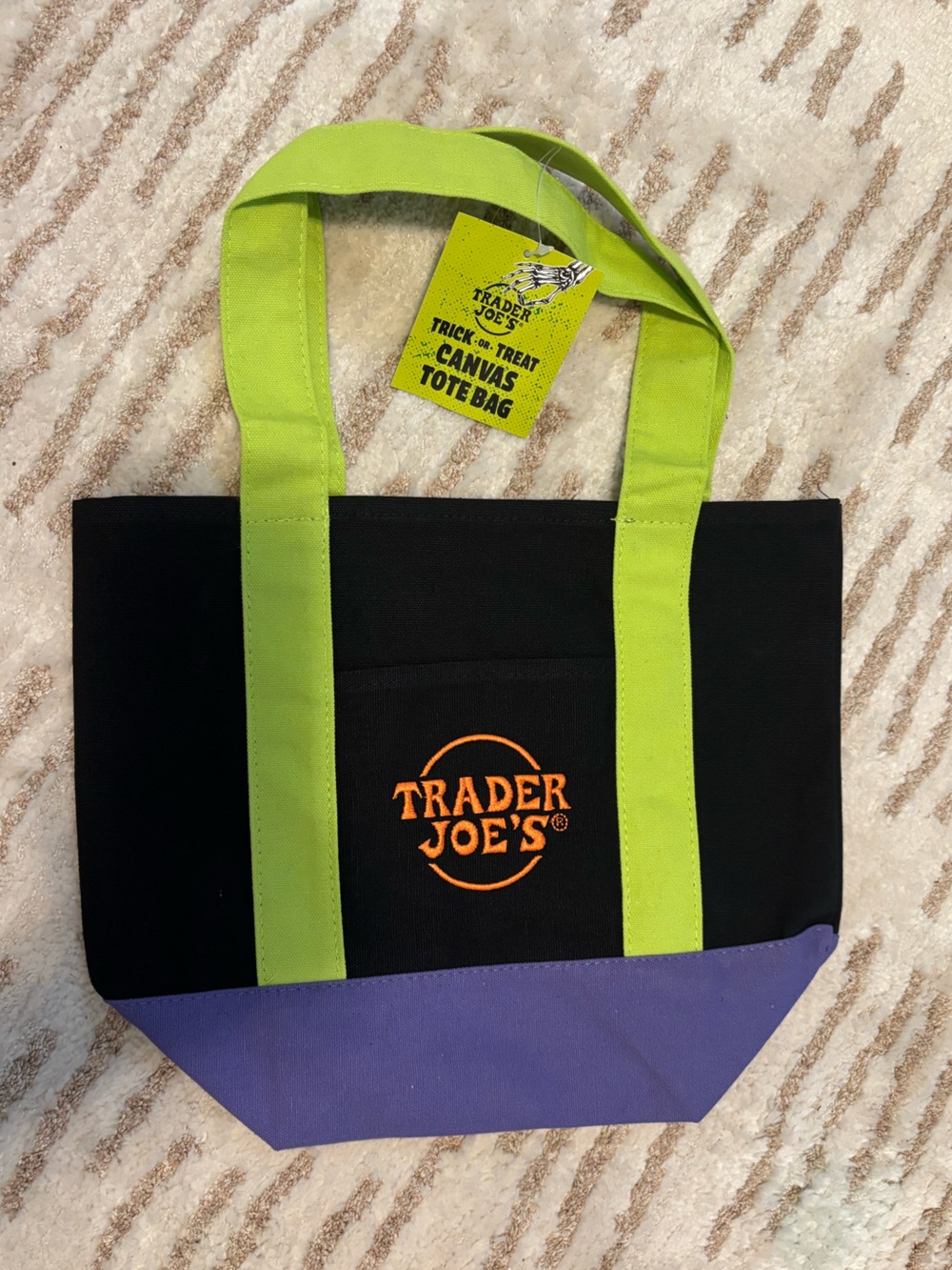 Trader Joe's Black Mini Canvas Tote with Purple Base and Lime Handles